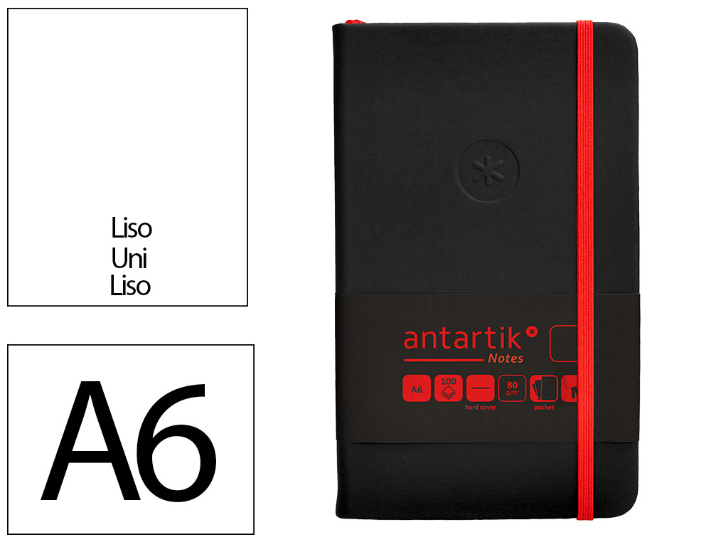 CUADERNO CON GOMILLA ANTARTIK NOTES TAPA DURA A6 HOJAS LISAS NEGRO Y ROJO 100 HOJAS 80 GR FSC