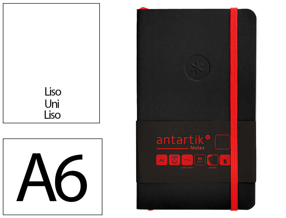 CUADERNO CON GOMILLA ANTARTIK NOTES TAPA BLANDA A6 HOJAS LISAS NEGRO Y ROJO 100 HOJAS 80 GR FSC