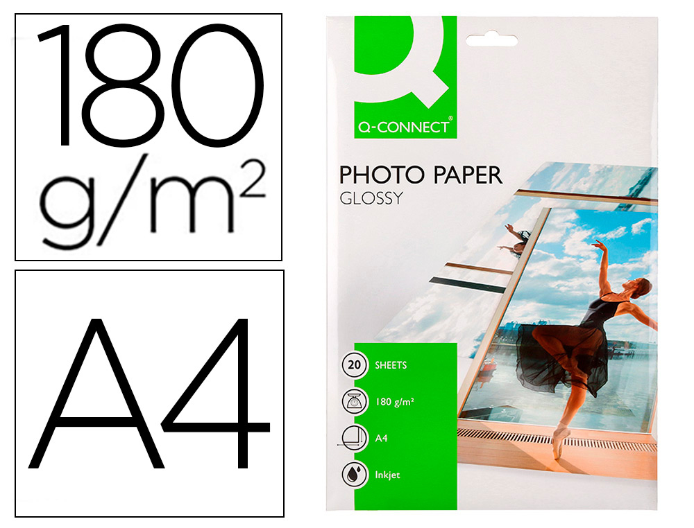 PAPEL Q-CONNECT FOTO GLOSSY KF01103 DIN A4 DIGITAL PHOTO PARA INK-JET BOLSA DE 20 HOJAS DE 180 GR