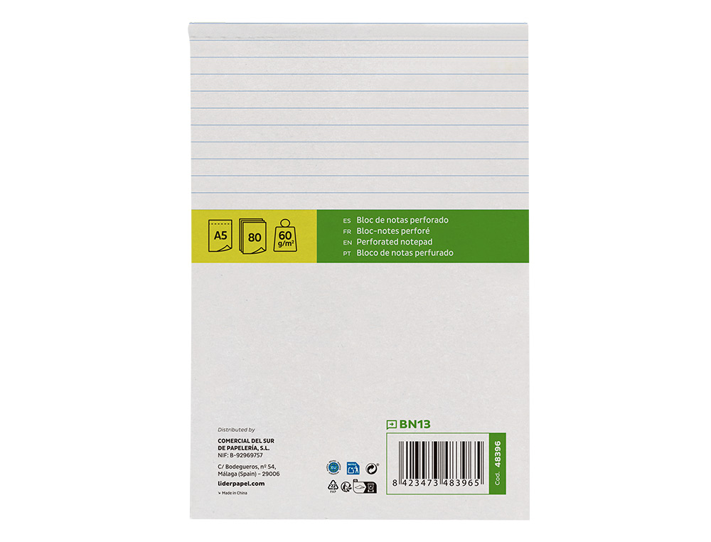 BLOC NOTAS LIDERPAPEL HORIZONTAL A5 80 HOJAS 60G/M2 PERFORADO